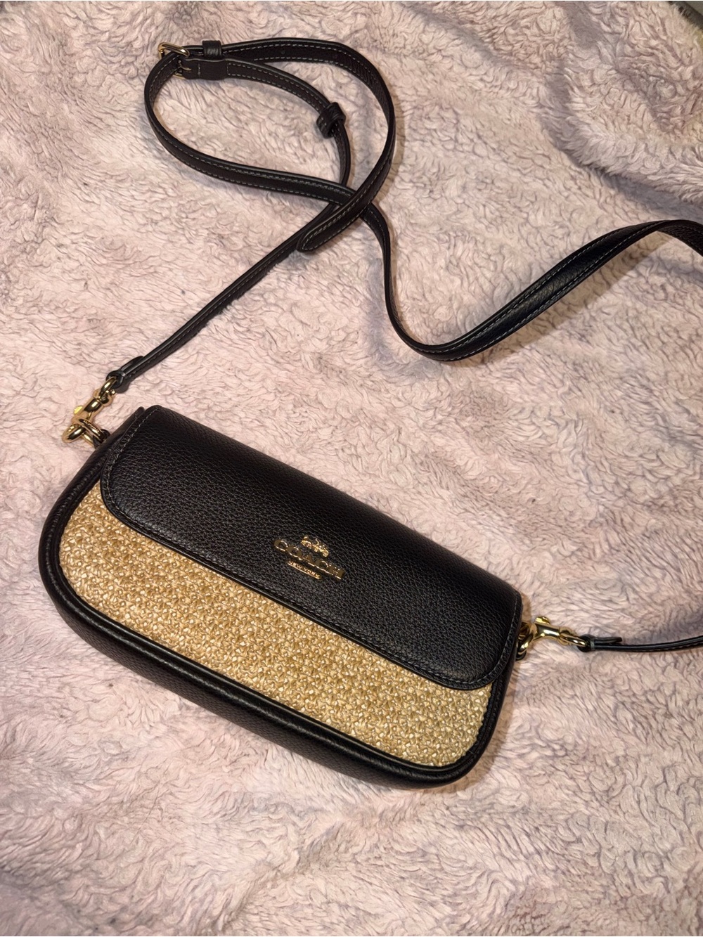 Coach Black Pebbled Leather Crossbody with Gold Raffia Panel